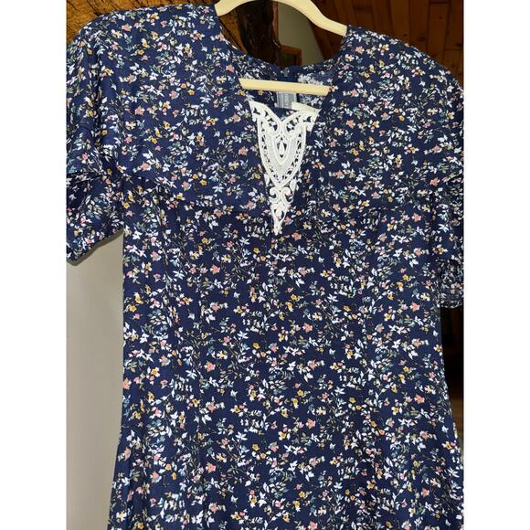 GUNNE SAX Womens Navy Blue Floral Long Prairie Cottage Short Sleeve Vtg Dress‎ - Picture 10 of 16